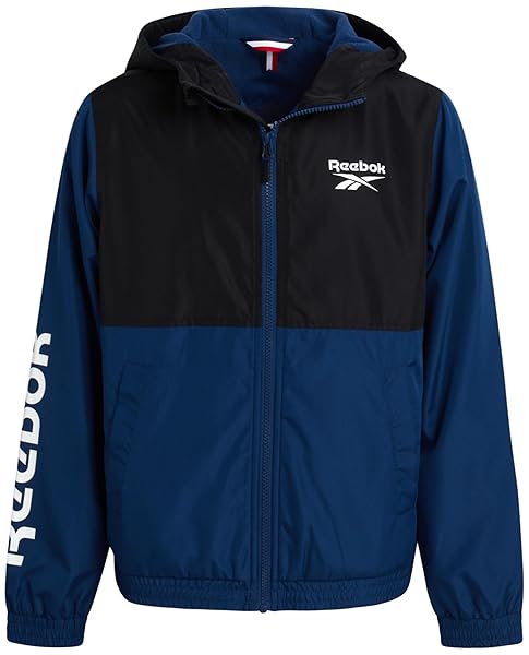 REEBOK BOYS WINDBREAKER JACKET – LIGHTWEIGHT POLAR FLEECE LINED WATER AND WIND RESISTANT HOODED ZIP UP JACKET FOR BOYS, SIZE 14-16, BATIK BLUE