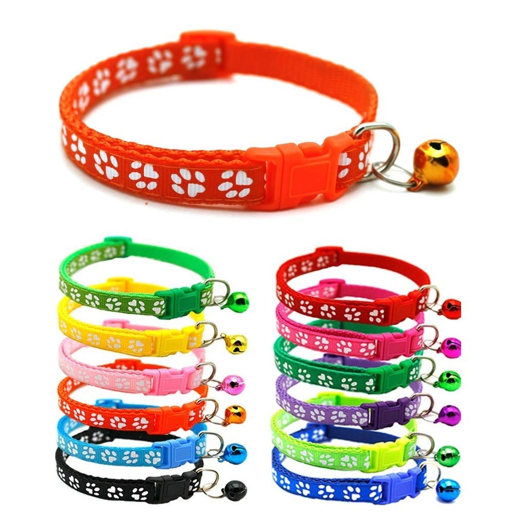 Small Dog Puppy Pet Collar Pawprint Design with Bell Nylon Adjustable Size 19-32cm Orange — image 1