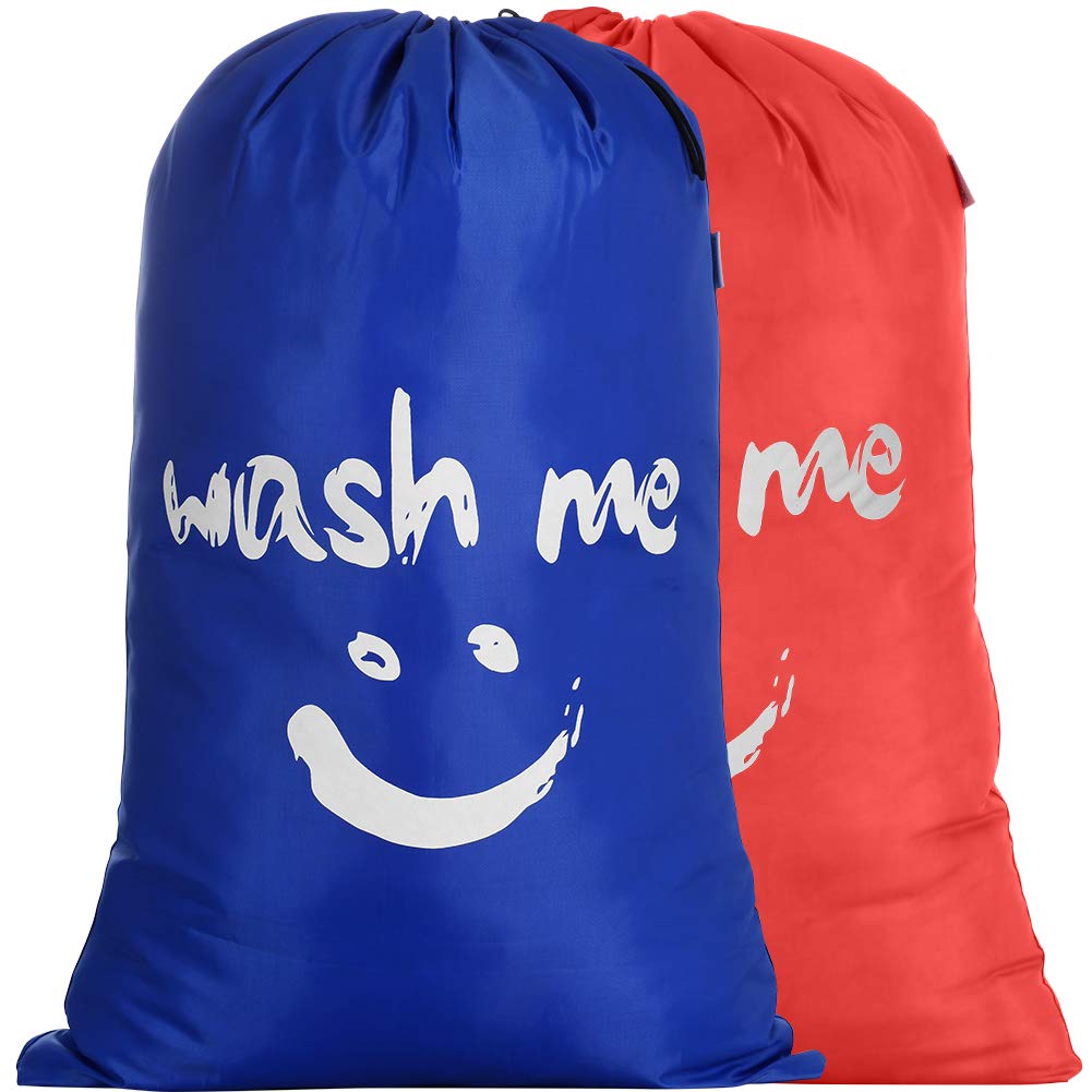 IHOMAGIC 2 Pack Laundry Bag Extra Large, 120L Foldable Storage Bag with Drawstring Cord Lock Closure, Nylon Dirty Clothes Bags for Bedroom, Home, Dormitory, Travel, Smile Fabric Bag, Orange/Dark Blue