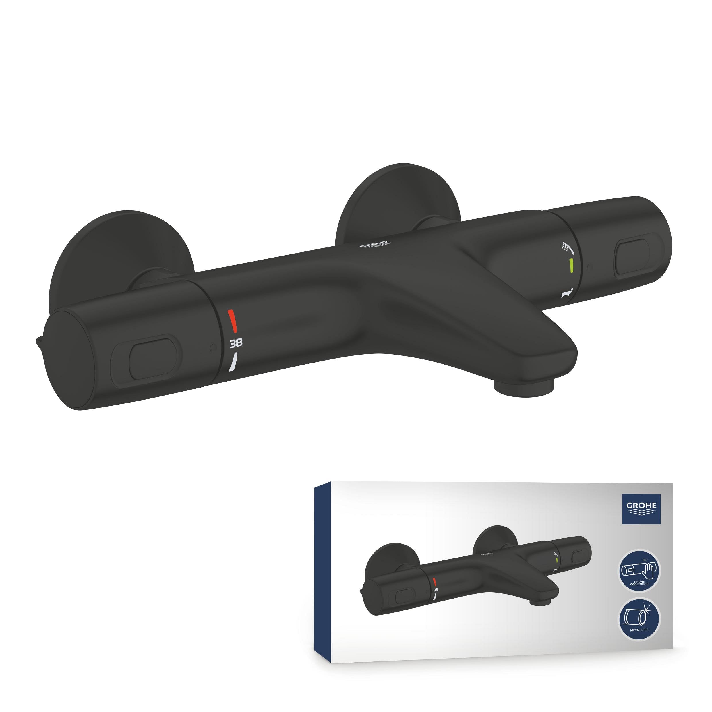 GROHE Precision Trend - Thermostatic Anti-Scald Bath/Shower Mixer with Aquadimmer Eco (Wall-Mounted, Safety Functions, Water Saving, Ergonomically Shaped Metal Handles), Matt Black, 1022162432
