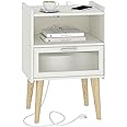 MMEOLUOOK Nightstand with Charging Station, Bedside Tables, End Table Side Table with 2 Tiers Storage Space, for Bedroom, Living Room, White MLBZ07WE