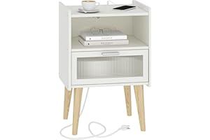 Nightstand with Charging Station, Bedside Tables with Glass Decorative Door, End Table Side Table with 2 Tiers Storage Space,