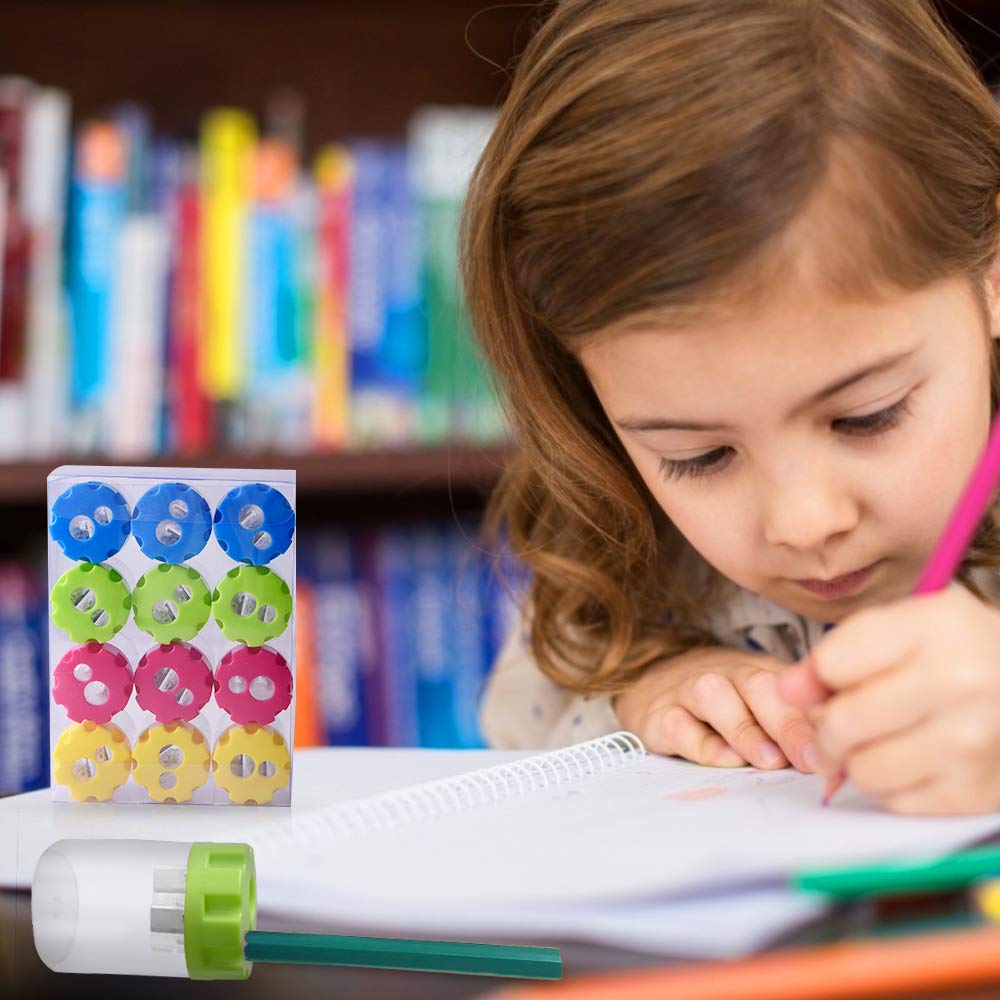 Manual Pencil Sharpener 2 Holes, Hand Pencil Sharpener with Cover and Receptacle for School Home Office Supply (12-packs, Gear Shaped)