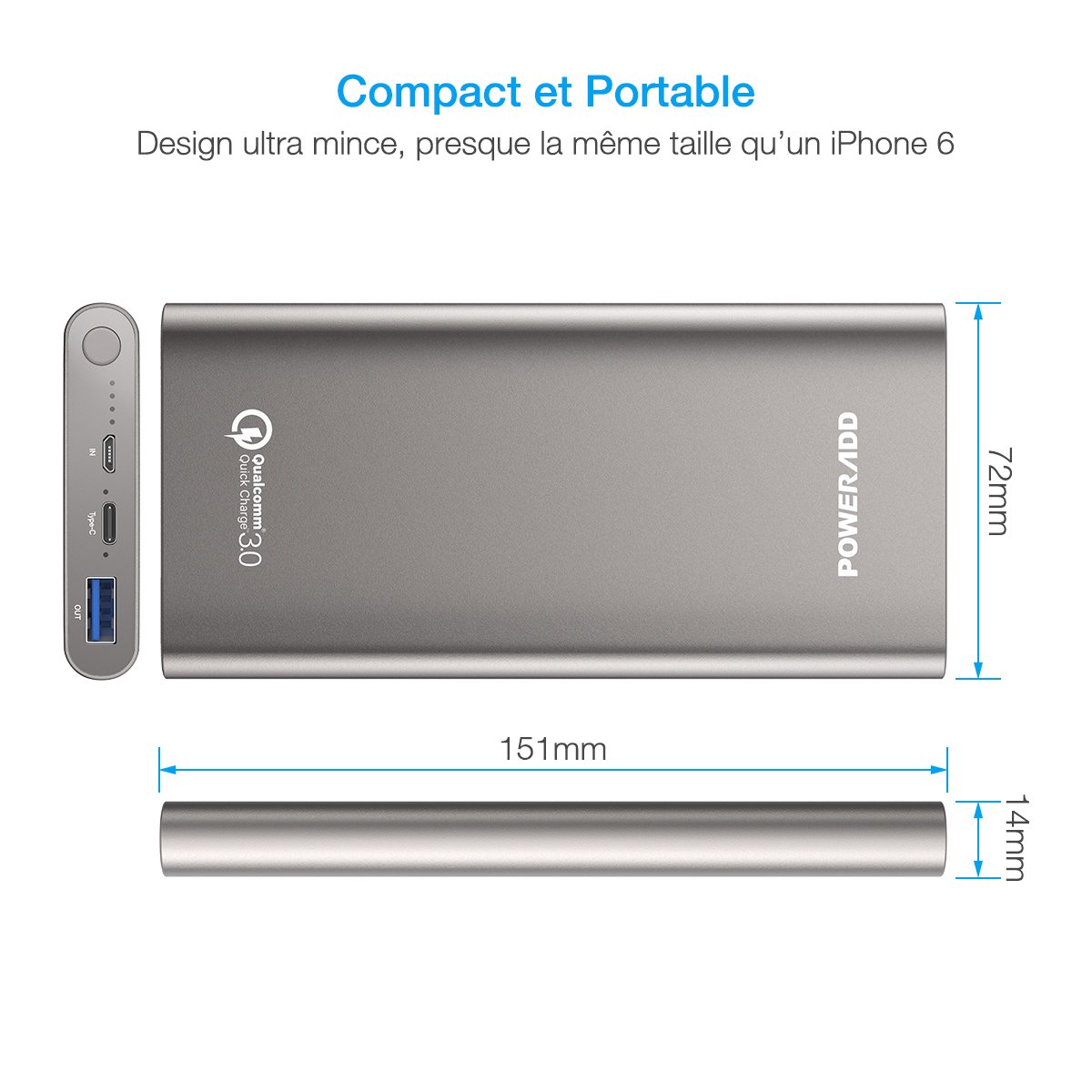 [Quick Charge 3.0] Poweradd 10 000 mAh USB Type-C Grande Capacité Chargeur Batterie Portable de Secours Externe avec sortie 4.8A pour iPhone, iPad, iPod, Samsung, et des autres téléphones(Adaptateur USB-C inclus)-Gris foncé