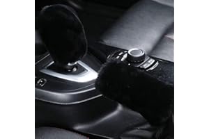 OGLAND Fluffy Natural Fur Sheepskin Car Gear Shift Handle Level Stick Knob Covers for Automobile Selector Handball Collar, Handbrake Cover (Black)