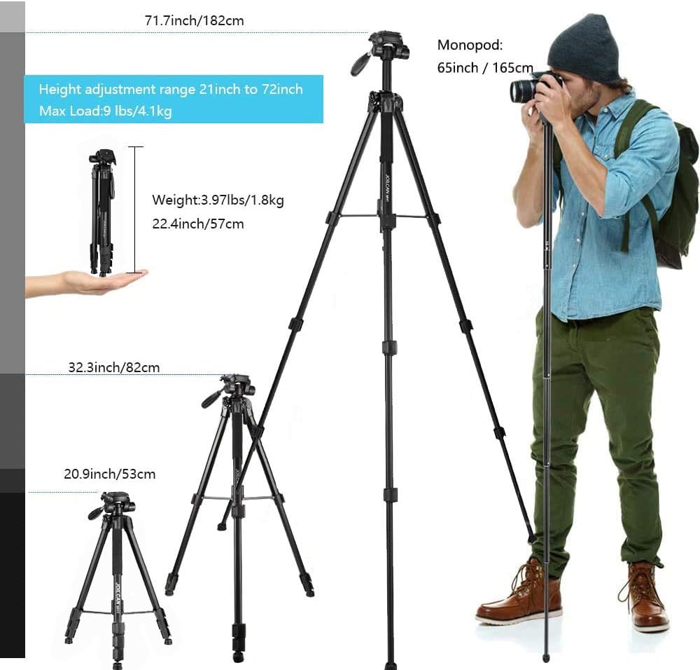 72-Inch Camera/Phone Tripod, Aluminum Tripod/Monopod Full Size for DSLR with 2 Quick Release Plates, Universal Phone Mount and Convenient Carrying Case Ideal for Travel and Work - MH1 Black : Camera & Photo