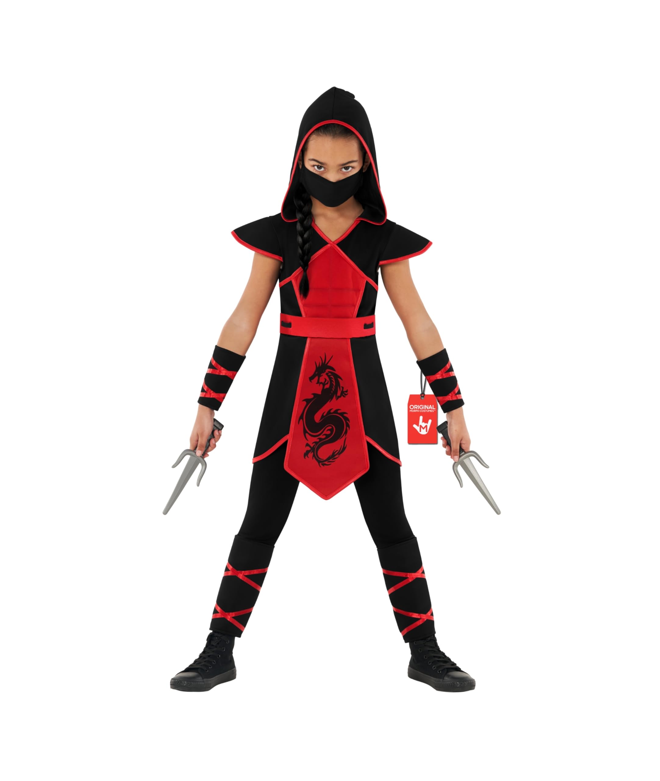 Morph Ninja Costume Girls - Red Ninja Outfit for Kids - Costume for Girl - Fun Dress-Up Costumes, 7-9 Years