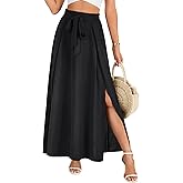 LYANER Women's Tie Knot Front Side Split Pleated A line High Waist Flowy Boho Long Skirt