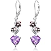 2 Carat Heart Cut Gemstone with Rose Flower Dangle Earrings 925 Sterling Silver Heart Shaped Birthstone Dangling Earrings Anniversary for Women Gifts