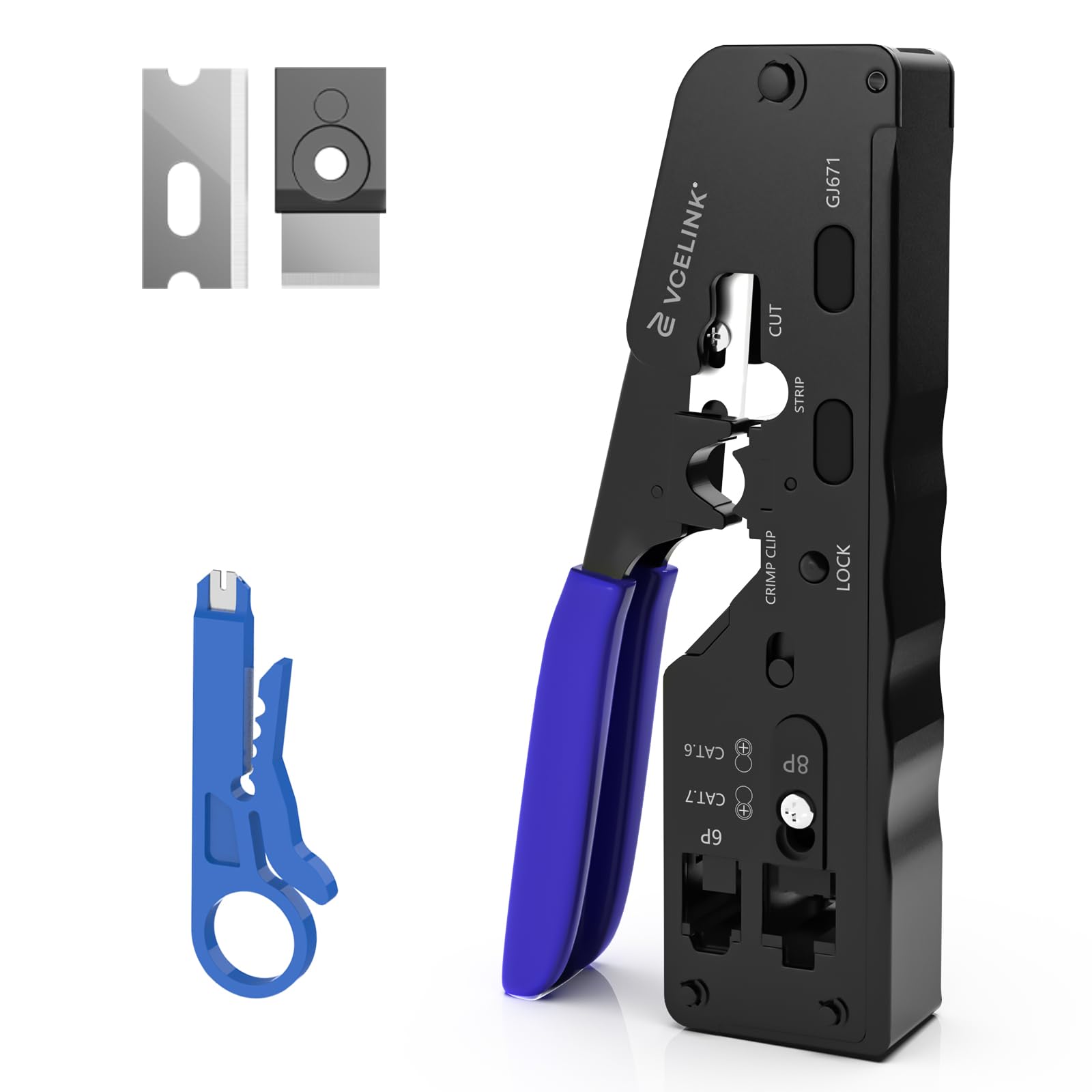 VCELINK RJ45 Crimp Tool, All-In-One Ethernet Pass Through Crimper for CAT7 CAT6A CAT6 CAT5e CAT5 Ethernet Connectors by Screw Adjustment, RJ45 and RJ11/RJ12 Crimping Tool with Mini Stripper
