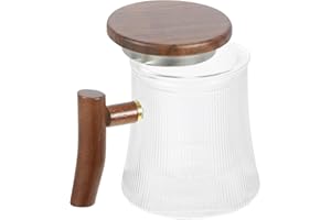 TOYANDONA Striped Glass Tea Infuser Cup with Wood Lid and Handle 500Ml High-Resistant Office Tea Mug for Home Use