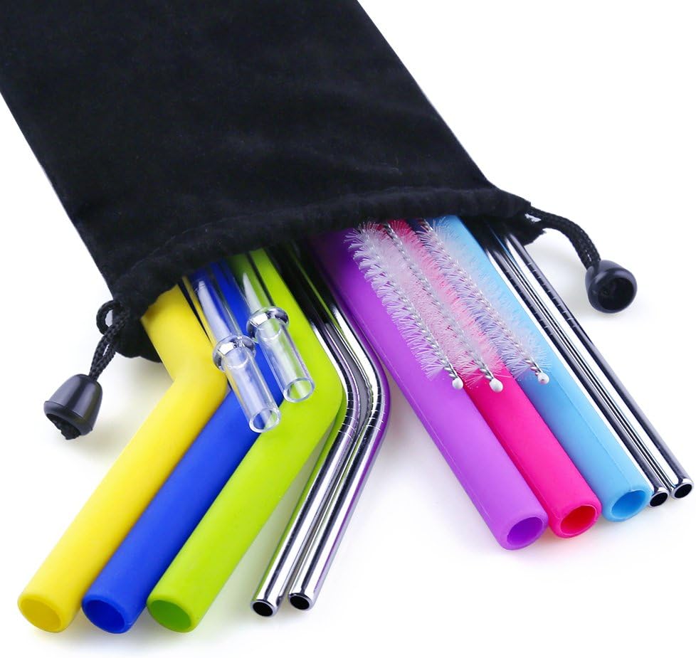 OPount 15 Pieces Straws Set for Tumbler Yeti/ Rtic Reusable Straws Set Including 6 Pieces Silicone Straws, 4 Pieces Stainless Straws, 2 Pieces Plastic Straws, 3 Pieces Brushes and Storage Pouch