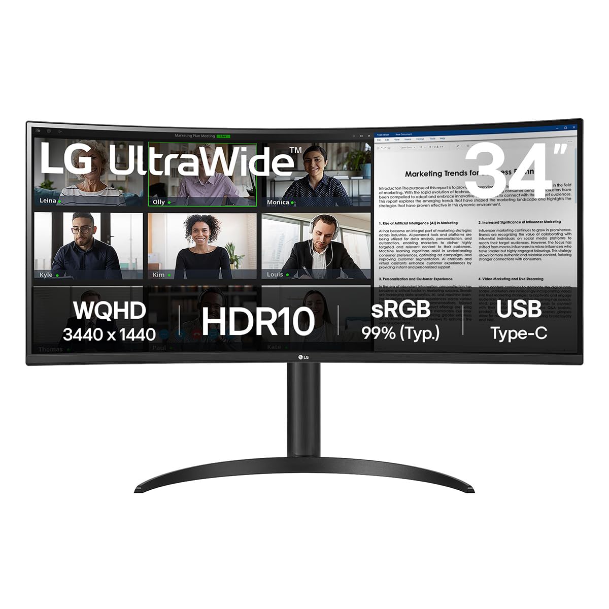LG UltraWide Curved PC Monitor 34WR55QK, 34 inch, 1440p, 100Hz, 5ms Response Time, VA Panel, Smart Energy Saving, USB-C (65W Power Delivery), Displayport, HDMI