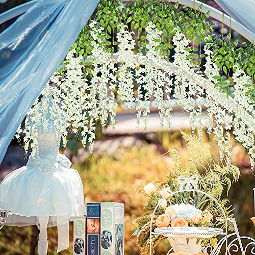 BigOtters Artificial Wisteria Flower, 10Pcs White Fake Wisteria Flower Vine with Floral Wire Artificial Silk Wisteria Flower Hanging Wedding Decor Garlands for Home Decor Wedding Arch Backdrop Decor