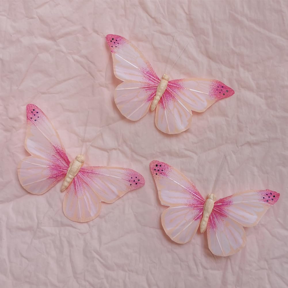 Photo 1 of 12PCS Pink Real Feather Butterfly Decorations with Clips, Sticks & Adhesive Dots, Handmade 3.9x2.4inch Cake Topper, Wall Decor, Hair Clip, Gift for Wedding Birthday Graduation