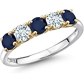 Gem Stone King 925 Silver and 10K Yellow Gold Blue Sapphire and Sky Blue Aquamarine Wedding-Bands Ring For Women | 1.55 Cttw | Round 4MM | Gemstone September Birthstone