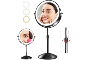 Omobolanle 7" Lighted Makeup Mirror, 10X Magnifying Mirror with Light 360° Rotation Double Sided Mirror with 3 Color Lights Brightness & Height Adjustable Rechargeable LED Light Up Mirror Black