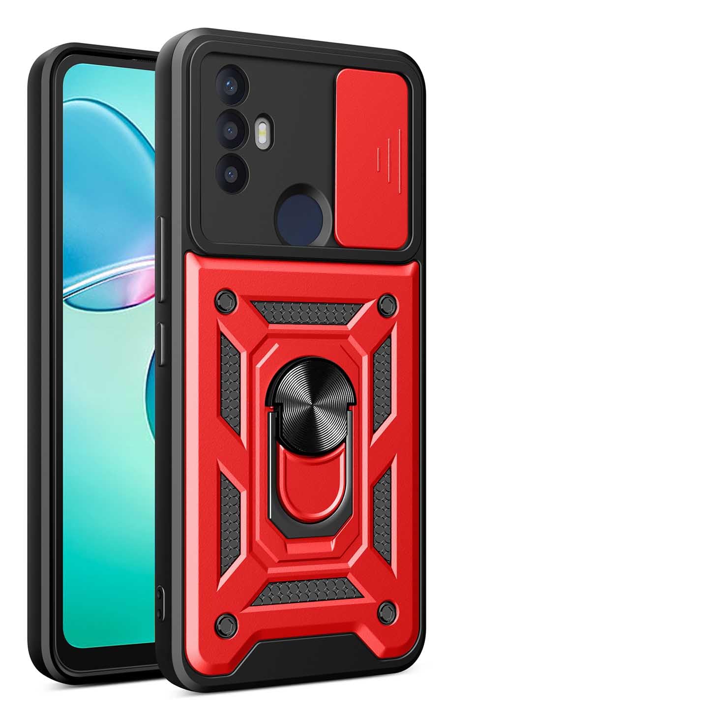 ILING Case for TCL 30 SE/TCL 305 / TCL 306, Ultra-thin Matte Texture Hard PC + Soft Silicone TPU Bumper Shockproof Heavy Duty Cover, with Ring Kickstand & Slide Camera Cover (Red)