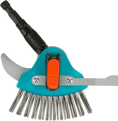 Limpiador juntas 3 en 1 combisystem Gardena: herramienta multifuncional jardín contra malas hierbas y musgo juntas estrechas y anchas, cerdas metal, hoja acero inox. Apto todos mangos cs (03608-20)