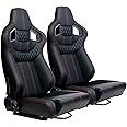 WTRAVEL Racing 2 Pcs Reclinable Bucket Seats With 2 Sliders - Adjustable PU Leather Universal Sport Seats for Cars (Black Red, 36.6"23.2"21.2")