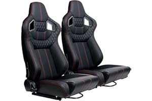 WTRAVEL Racing Seats 2 Pcs Reclinable Bucket Seats with 2 Sliders Adjustable PU Leather Seats Universal Sport Seats for Cars (Black Red, 36.6"×23.2"×21.2")
