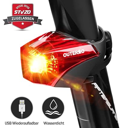 OUTERDO Fahrrad Rücklicht,StVZO Zugelassen Fahrradrücklicht Hohe Qualität Ultra Hell Fahrrad Licht, Fahrradlampe Aufladbar,Fa