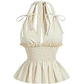 OYOANGLE Women's V Neck Shirred Ruffle Peplum Tank Top Y2K Tie Back Sleeveless Halter Tops