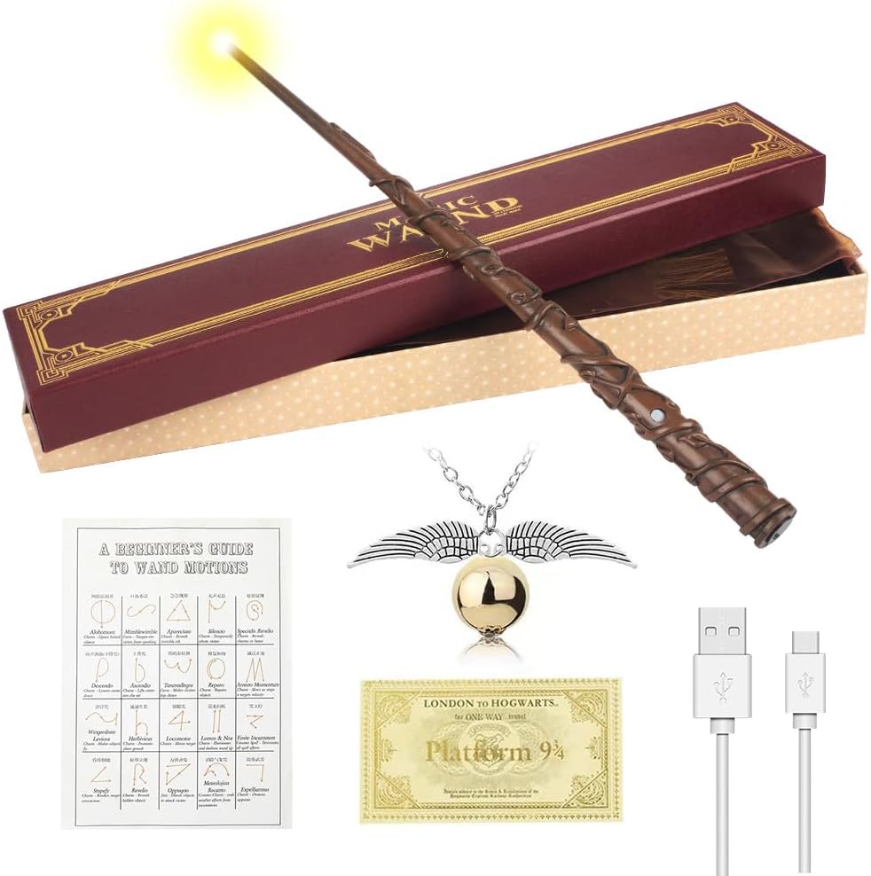 WDKXCN Hermione Granger Wand, 38CM Hermione Wand Light Up, USB Charging, Magic Wand with Gift Box, Spell Card, Station Ticket and Necklace
