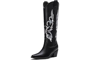 Platikly White Cowboy Boots for Women - Wide Calf Rhinestone Cowgirl Boots, Women Knee High Western Boots, Glitter Sparkly Ladies Tall Boots with Classic Embroidery and Side Zipper, Retro Classic Country Boots Pull On for Ladies