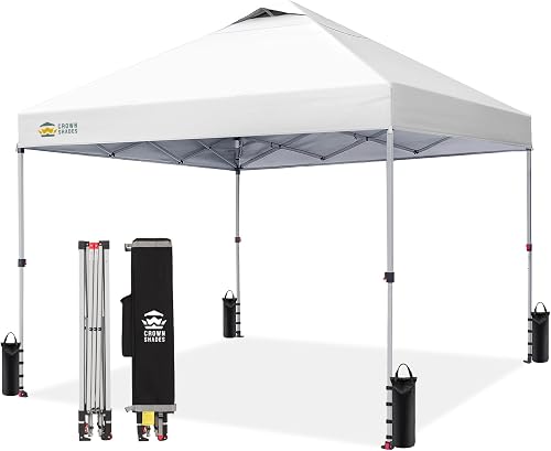 CROWN SHADES 10x10 Pop Up Canopy Tent with One Push Setup, Gird White | Patented CenterLok, Easy Outdoor Sun Shade for Events, Parties, Camping - Gazebo with STO-N-Go Cover Bag, Silver-Coated Top