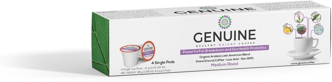 GENUINE HEALTHY WEIGHT Coffee for Powerful Fat Breakdown; Gut Health; Organic Non-GMO Arabica Latin American Blend Stone-Ground Coffee, Medium Roast, Low Acid, Probiotics Infused (4 Single Cup Pods)
