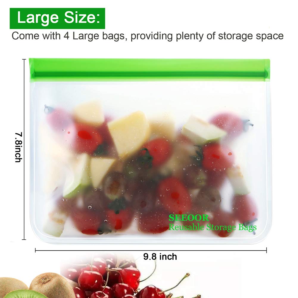 Reusable Storage Bags, SEEOOR Leakproof Freezer Bag, Ziplock Bags BPA Free for Food Snacks, Fruits, veggies, Lunch, Sandwiches, Make-up, Travel (4 Pack)