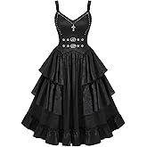 ROSE GAL Womens Plus Size Victorian Gothic Jacquard Grommets Buckle Cross Layered Sleeveless Midi Dress