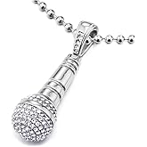 COOLSTEELANDBEYOND Mens Women Steel Microphone Pendant Necklace with Cubic Zirconia, 23.6 inches Ball Chain