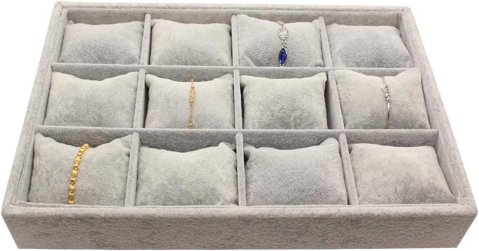 Grey Velvet Jewelry Watch Display Trays Showcase Organizer Storage Tray(12 Grids Pillow Tray)