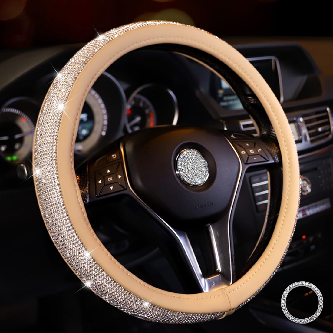 Lifetooler Steering Wheel Covers with Bling Rhinestones,Diamond Steering Wheel Cover Sparkly Crystal Diamante Anti-Slip Universal 38cm/15 inch Bling Car Accessories for Women Girls (beige-white)