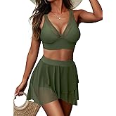 Zojuyozio Women High Waisted Bikini Set Mesh Swimsuit Tummy Control Swim Skirt V-Neck Two Piece Bathing Suit