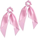 YALOJE 2PCS Scarf Scrunchies with Long Tails, Elastic Silky Satin Bow Hair Ties for Women, Ribbon Hair Scarf Scrunchy, Ponytail Holders Hairstyling Decoration for Women -Pink