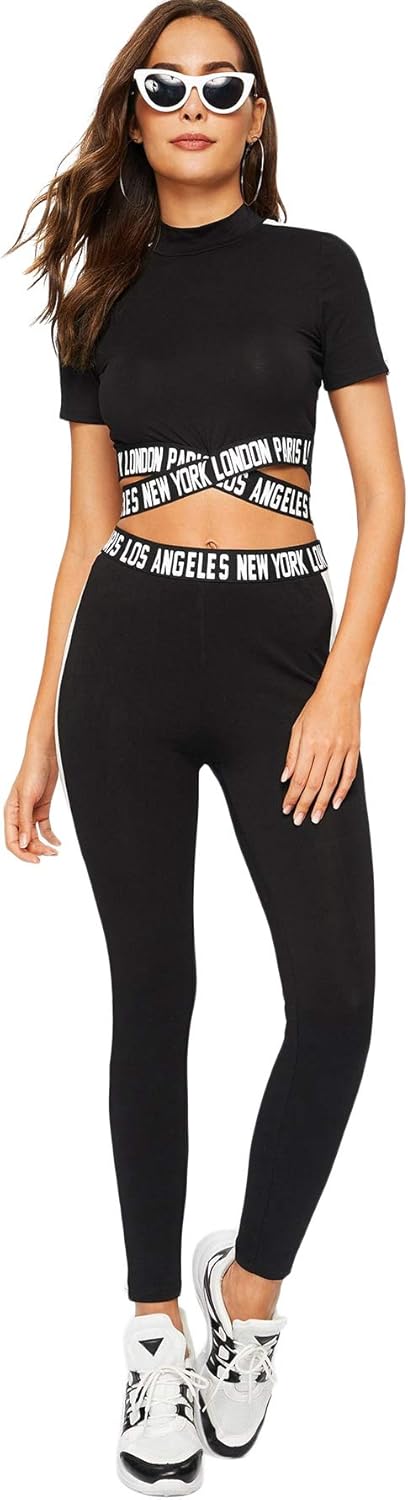 SweatyRocks Women's 2 Pieces Outfits Cropped T Shirt and Long Pants Tracksuits Set Sportwear at  Women’s Clothing store