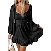 Acelitt Spring Fashion 2025 Wedding Guest Dress for Women Square Neck Long Lantern Sleeve Ruffle A-Line Casual Mini Dresses