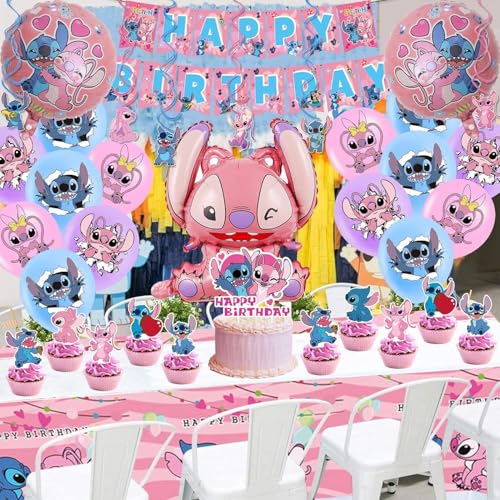 101PCS Stitch Party Supplies, Birthday Decorations Set Include Banner, Balloons, Stickers, Hanging Swirls, Cake Cupcake Toppers, Tablecloth for Girls Pink Stitch Theme Party