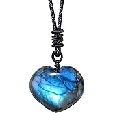 1PCS Natural Labradorite Crystal Heart Shape Pendant Necklace Healing Crystal Moonstone Polished Stone Pendant With Hand-Woven Rope For Unisex