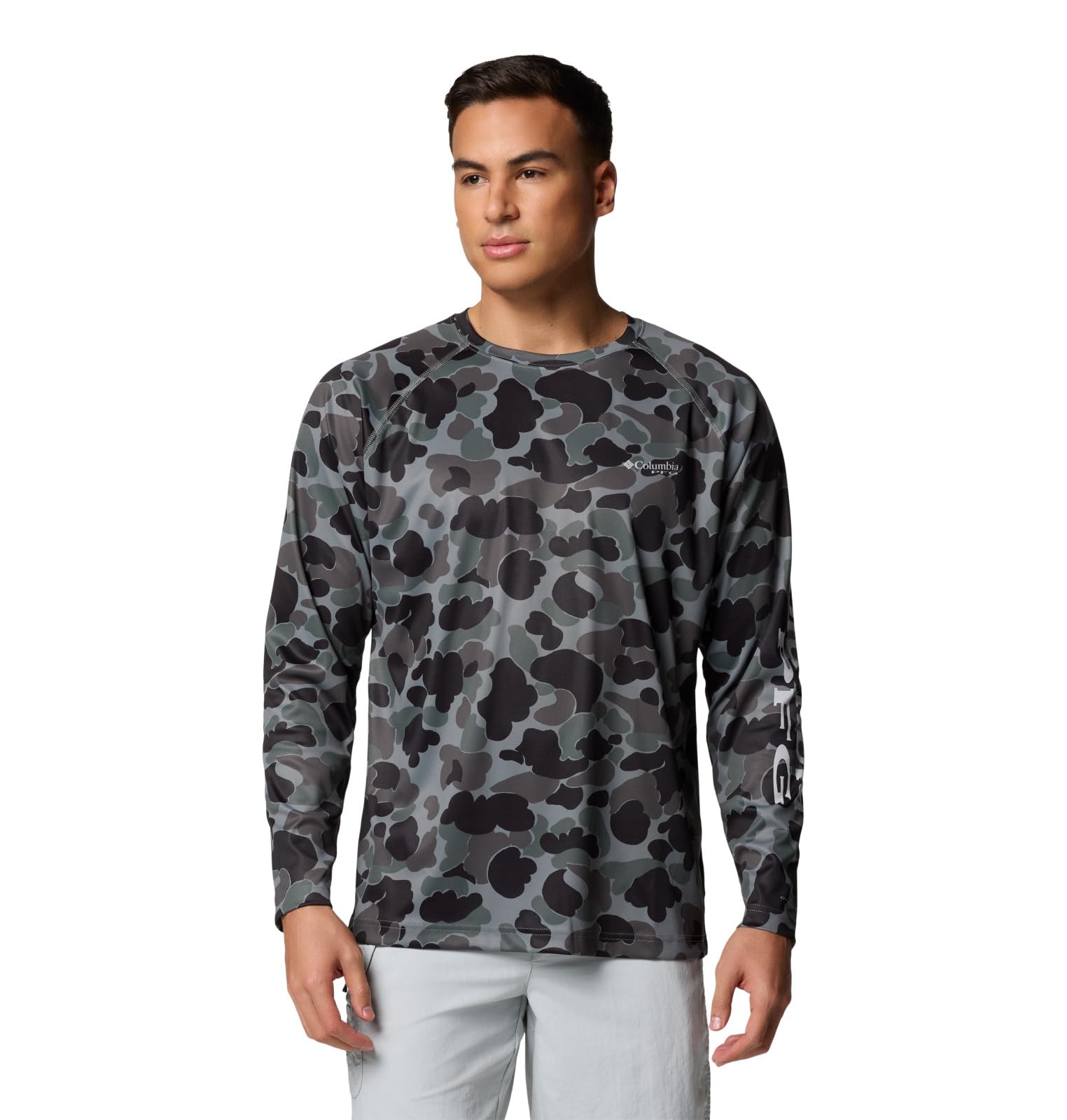 Columbia Men's PFG Terminal Tackle Triangle Long Sleeve Fishing Shirt, Black Deltahunter Camo, Medium Image