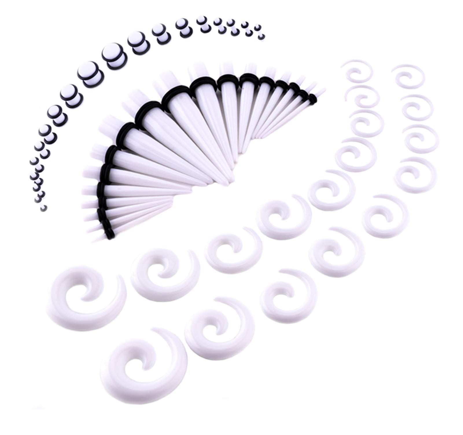 LLGLEU Ear Stretching Kit 54 Pieces 14G-00G Ear Gauges Expander Set Acrylic Tapers and Plugs & Silicone Tunnels Body Piercing Jewelry Set with EVA Box (White)