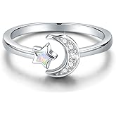 CUOKA MIRACLE Moon Ring, S925 Sterling Silver Crescent Moon and Star Ring Synthetic Opal Open Ring Adjustable Ring Gift for Women