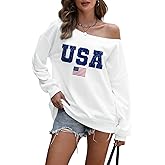 Wedsadl Usa Off The Shoulder Sweatshirt Women Oversized American Flag Long Sleeve Shirt Vintage Graphic Pullover Sweatshirts