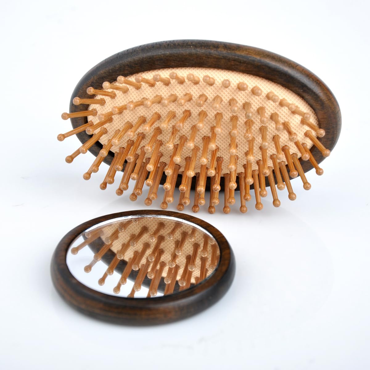 Handmade Oval Wooden Hair Brush Mini Cosmetic Mirror Set,Mini Travel Portable Hairbrush with Bamboo Pins/Boar Bristles (Bamboo Pins)