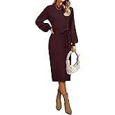 MIROL Women's 2026 Fall Sweater Dress Crew Neck Long Puff Sleeve Tie Waist Knit Midi Dress with Belt