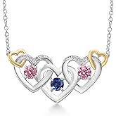 Gem Stone King 925 Silver and 10K Yellow Gold Blue Created Sapphire Pink and White Lab Grown Diamond Heart Shape Pendant Necklace For Women (0.81 Cttw, with 18 Inch Chain)