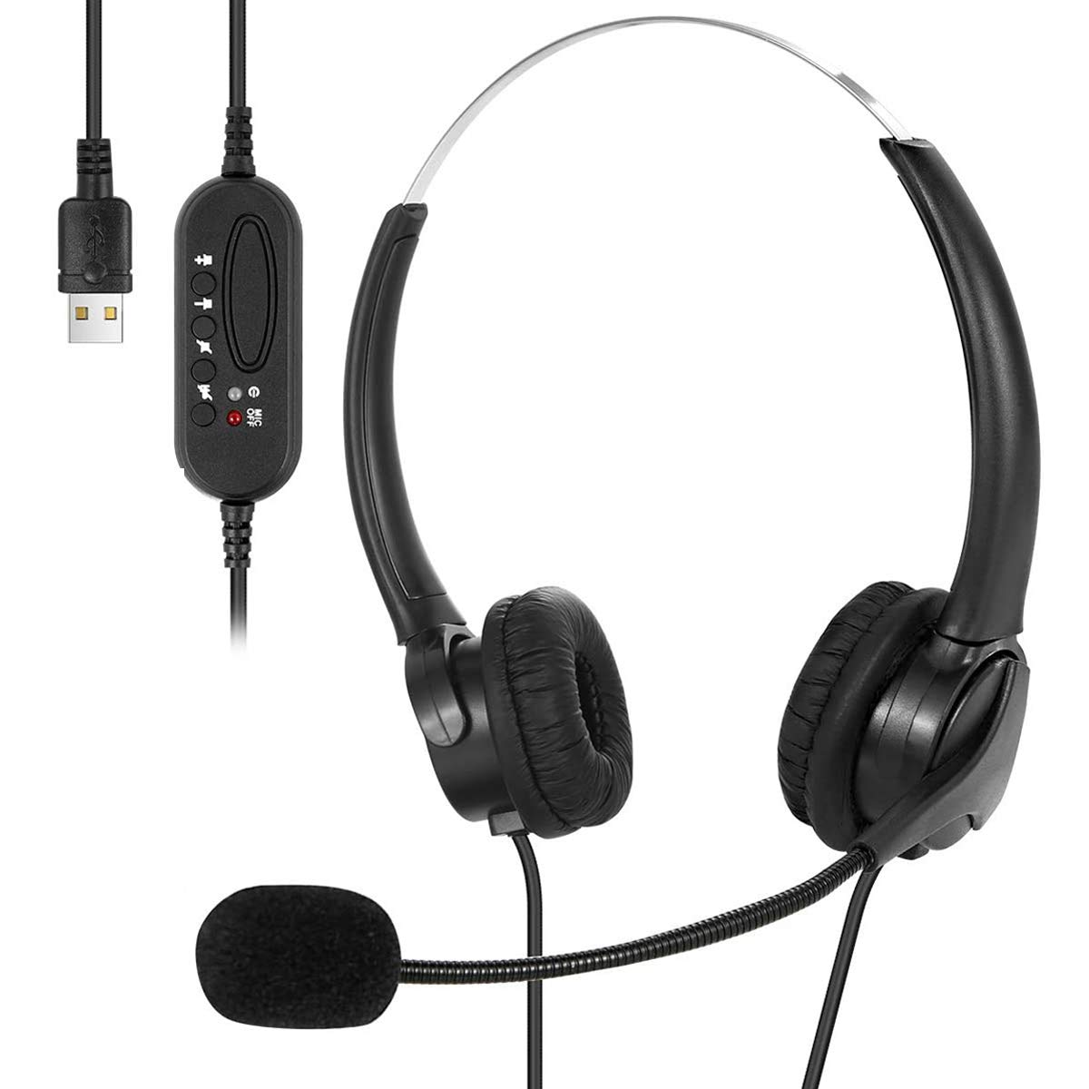 USB Headset with Microphone Noise Cancelling & Audio Controls, USB Wired PC Headphone Super Light & Comfort for Business Conference Calls Soft phone Conversation Online Teaching Skype etc